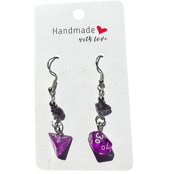 Purple DnD Dice Dangling Earrings - Picture 2 of 3